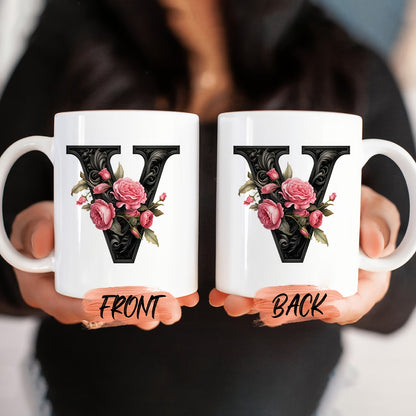 Personalized "Black Letter Floral Initial" Ceramic Coffee Mug – Custom Letter A-Z Pink Roses & Vintage Monogram Novelty Cup (M1141)