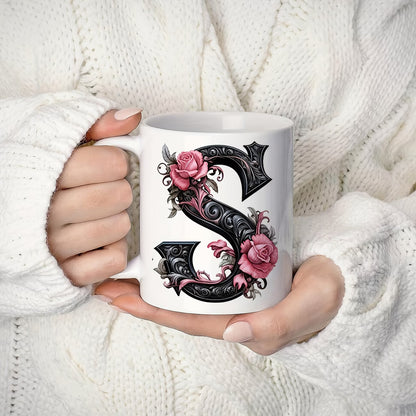 Personalized "Black Letter Floral Initial" Ceramic Coffee Mug – Custom Letter A-Z Pink Roses & Vintage Monogram Novelty Cup (M1141)