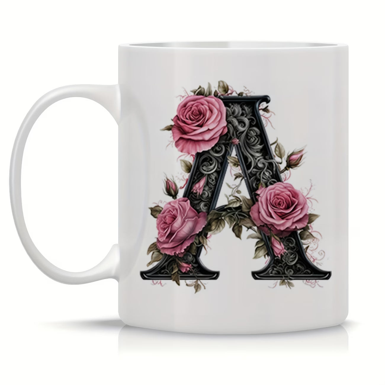 Personalized "Black Letter Floral Initial" Ceramic Coffee Mug – Custom Letter A-Z Pink Roses & Vintage Monogram Novelty Cup (M1141)