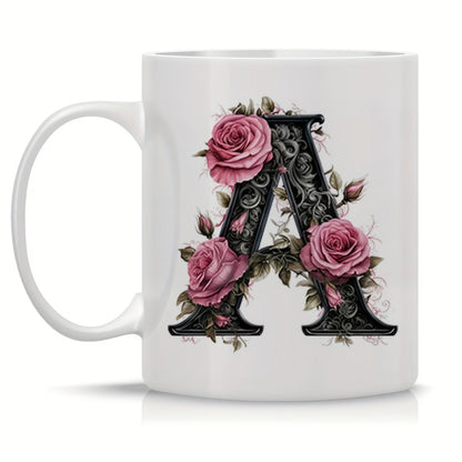 Personalized "Black Letter Floral Initial" Ceramic Coffee Mug – Custom Letter A-Z Pink Roses & Vintage Monogram Novelty Cup (M1141)
