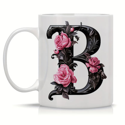 Personalized "Black Letter Floral Initial" Ceramic Coffee Mug – Custom Letter A-Z Pink Roses & Vintage Monogram Novelty Cup (M1141)