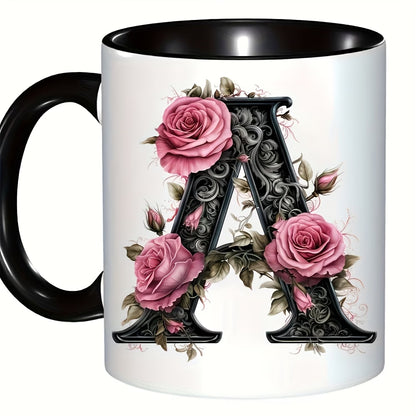 Personalized "Black Letter Floral Initial" Ceramic Coffee Mug – Custom Letter A-Z Pink Roses & Vintage Monogram Novelty Cup (M1141)