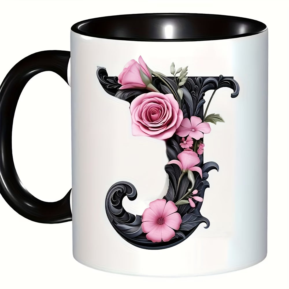 Personalized "Black Letter Floral Initial" Ceramic Coffee Mug – Custom Letter A-Z Pink Roses & Vintage Monogram Novelty Cup (M1141)