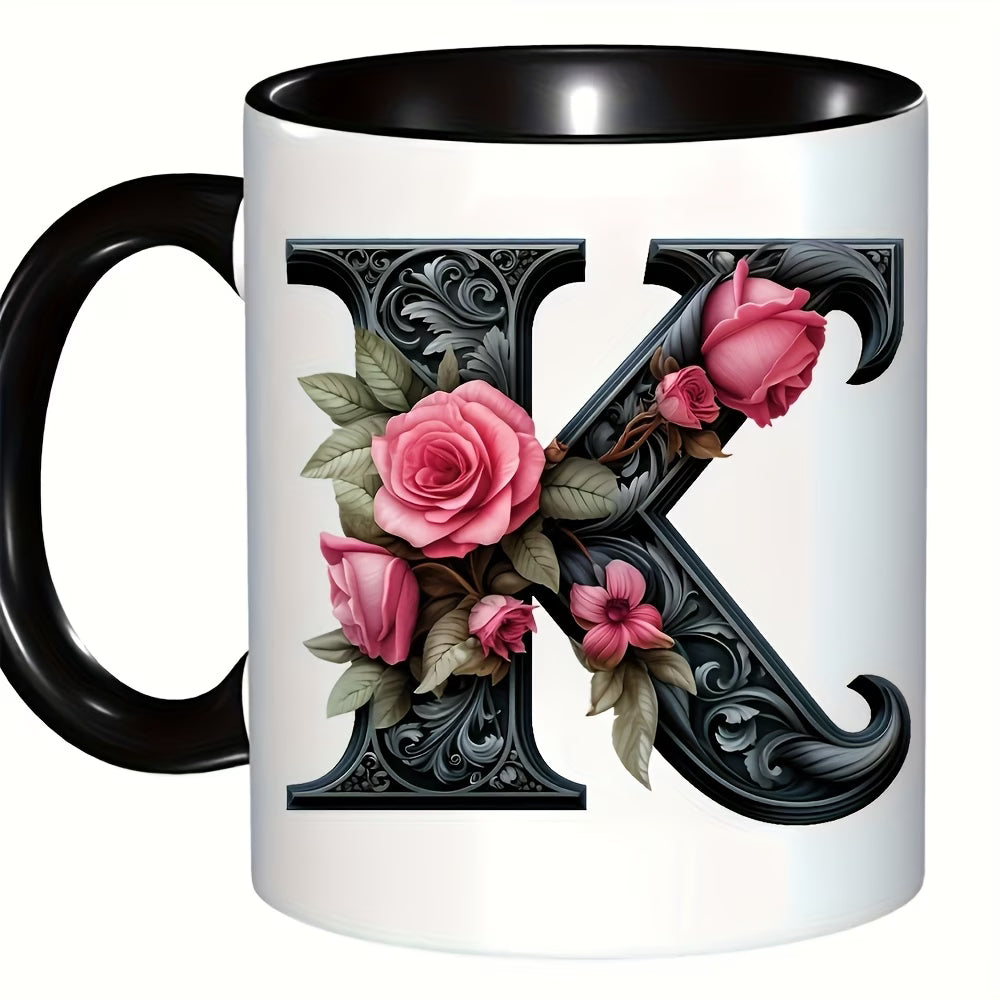 Personalized "Black Letter Floral Initial" Ceramic Coffee Mug – Custom Letter A-Z Pink Roses & Vintage Monogram Novelty Cup (M1141)