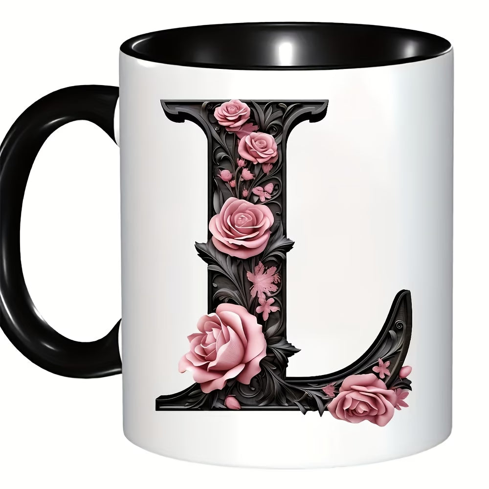 Personalized "Black Letter Floral Initial" Ceramic Coffee Mug – Custom Letter A-Z Pink Roses & Vintage Monogram Novelty Cup (M1141)