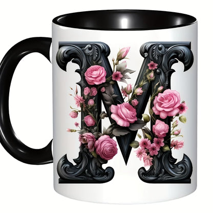 Personalized "Black Letter Floral Initial" Ceramic Coffee Mug – Custom Letter A-Z Pink Roses & Vintage Monogram Novelty Cup (M1141)