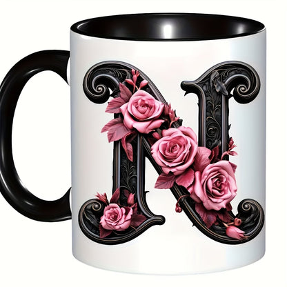 Personalized "Black Letter Floral Initial" Ceramic Coffee Mug – Custom Letter A-Z Pink Roses & Vintage Monogram Novelty Cup (M1141)