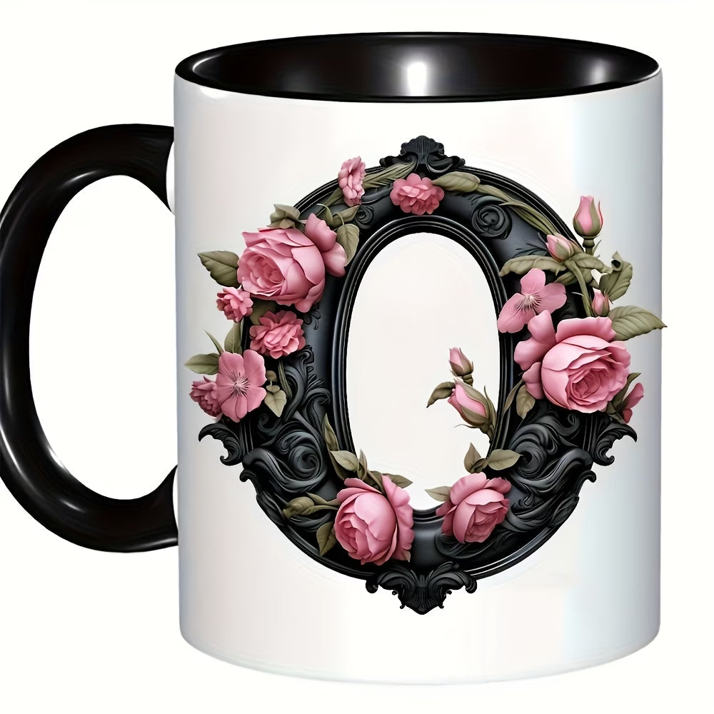 Personalized "Black Letter Floral Initial" Ceramic Coffee Mug – Custom Letter A-Z Pink Roses & Vintage Monogram Novelty Cup (M1141)