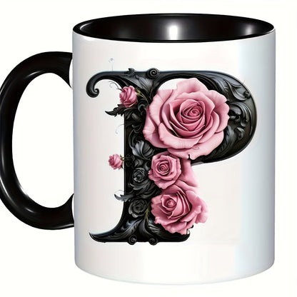 Personalized "Black Letter Floral Initial" Ceramic Coffee Mug – Custom Letter A-Z Pink Roses & Vintage Monogram Novelty Cup (M1141)
