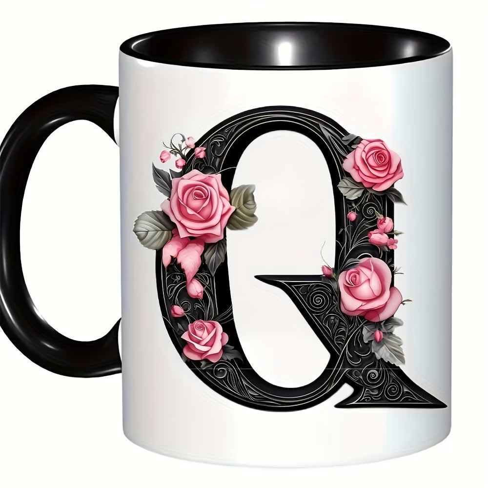 Personalized "Black Letter Floral Initial" Ceramic Coffee Mug – Custom Letter A-Z Pink Roses & Vintage Monogram Novelty Cup (M1141)