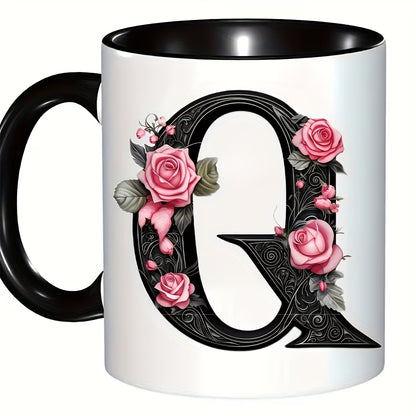 Personalized "Black Letter Floral Initial" Ceramic Coffee Mug – Custom Letter A-Z Pink Roses & Vintage Monogram Novelty Cup (M1141)