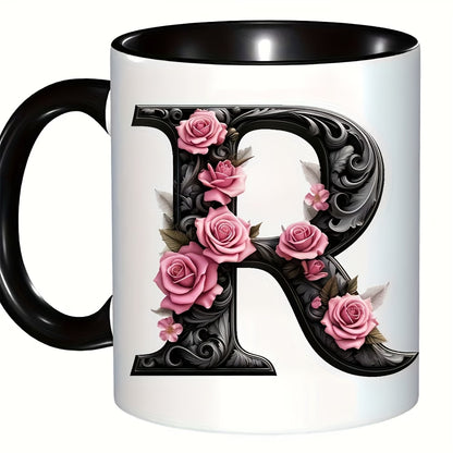 Personalized "Black Letter Floral Initial" Ceramic Coffee Mug – Custom Letter A-Z Pink Roses & Vintage Monogram Novelty Cup (M1141)