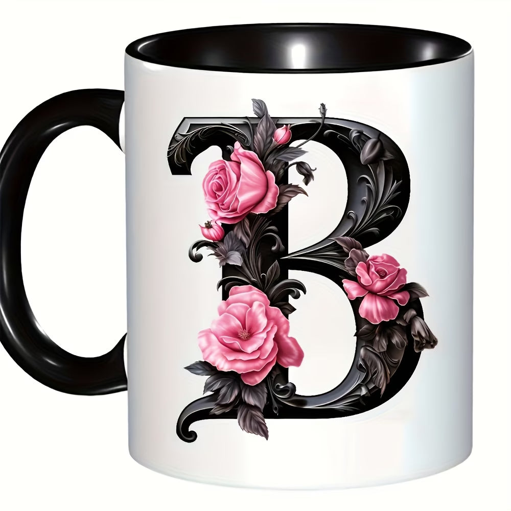 Personalized "Black Letter Floral Initial" Ceramic Coffee Mug – Custom Letter A-Z Pink Roses & Vintage Monogram Novelty Cup (M1141)