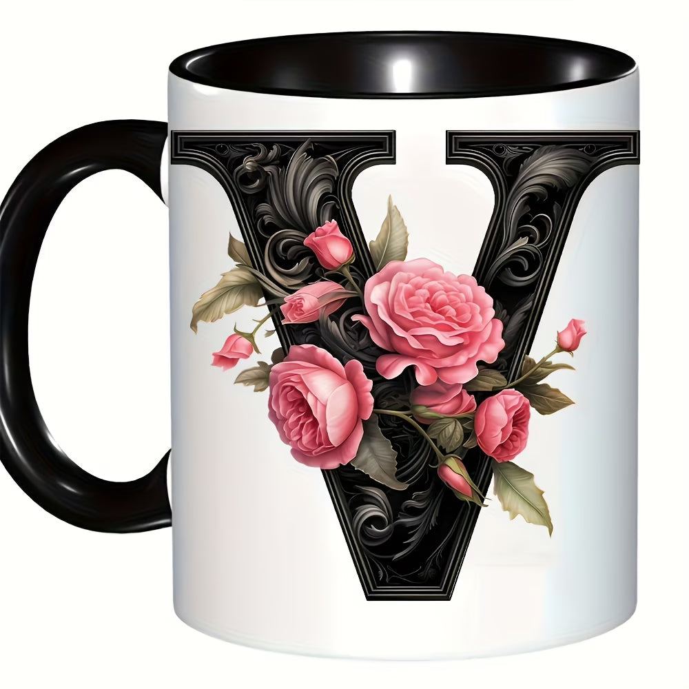 Personalized "Black Letter Floral Initial" Ceramic Coffee Mug – Custom Letter A-Z Pink Roses & Vintage Monogram Novelty Cup (M1141)