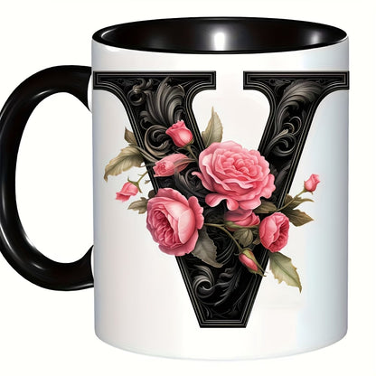 Personalized "Black Letter Floral Initial" Ceramic Coffee Mug – Custom Letter A-Z Pink Roses & Vintage Monogram Novelty Cup (M1141)