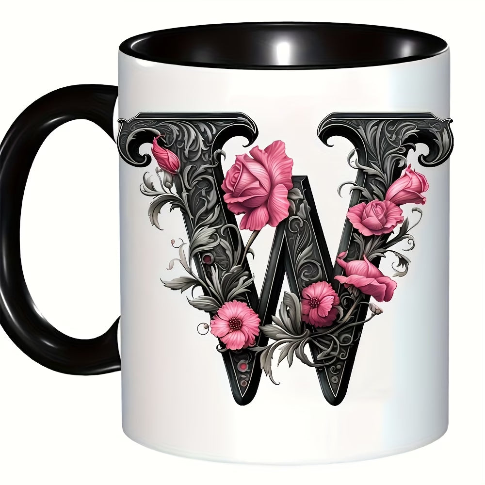 Personalized "Black Letter Floral Initial" Ceramic Coffee Mug – Custom Letter A-Z Pink Roses & Vintage Monogram Novelty Cup (M1141)