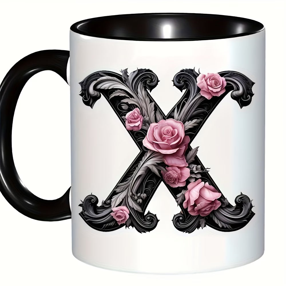 Personalized "Black Letter Floral Initial" Ceramic Coffee Mug – Custom Letter A-Z Pink Roses & Vintage Monogram Novelty Cup (M1141)
