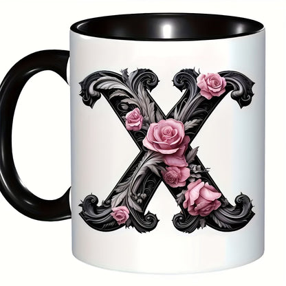 Personalized "Black Letter Floral Initial" Ceramic Coffee Mug – Custom Letter A-Z Pink Roses & Vintage Monogram Novelty Cup (M1141)