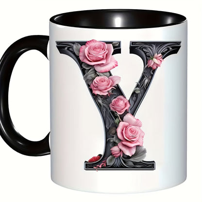 Personalized "Black Letter Floral Initial" Ceramic Coffee Mug – Custom Letter A-Z Pink Roses & Vintage Monogram Novelty Cup (M1141)