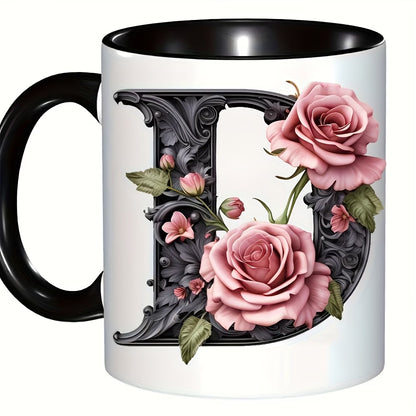 Personalized "Black Letter Floral Initial" Ceramic Coffee Mug – Custom Letter A-Z Pink Roses & Vintage Monogram Novelty Cup (M1141)