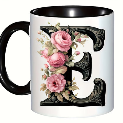 Personalized "Black Letter Floral Initial" Ceramic Coffee Mug – Custom Letter A-Z Pink Roses & Vintage Monogram Novelty Cup (M1141)