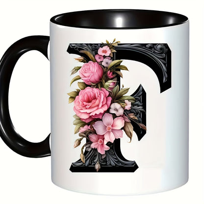 Personalized "Black Letter Floral Initial" Ceramic Coffee Mug – Custom Letter A-Z Pink Roses & Vintage Monogram Novelty Cup (M1141)