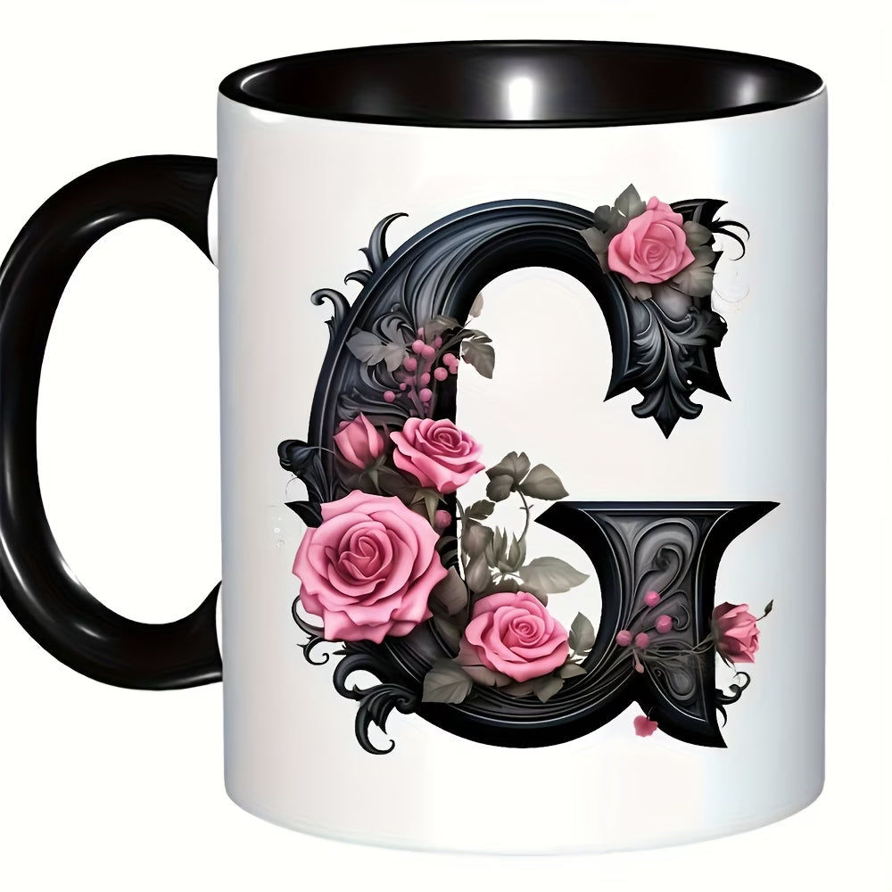 Personalized "Black Letter Floral Initial" Ceramic Coffee Mug – Custom Letter A-Z Pink Roses & Vintage Monogram Novelty Cup (M1141)