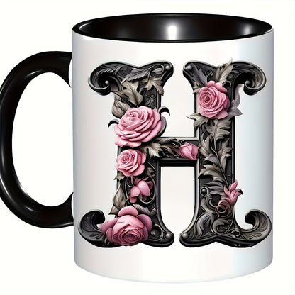 Personalized "Black Letter Floral Initial" Ceramic Coffee Mug – Custom Letter A-Z Pink Roses & Vintage Monogram Novelty Cup (M1141)
