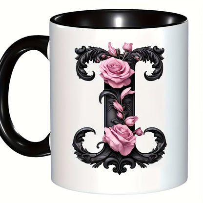 Personalized "Black Letter Floral Initial" Ceramic Coffee Mug – Custom Letter A-Z Pink Roses & Vintage Monogram Novelty Cup (M1141)