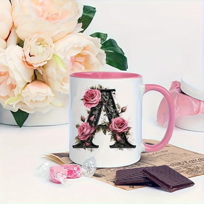 Personalized "Black Letter Floral Initial" Ceramic Coffee Mug – Custom Letter A-Z Pink Roses & Vintage Monogram Novelty Cup (M1141)