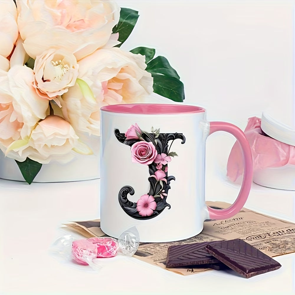 Personalized "Black Letter Floral Initial" Ceramic Coffee Mug – Custom Letter A-Z Pink Roses & Vintage Monogram Novelty Cup (M1141)