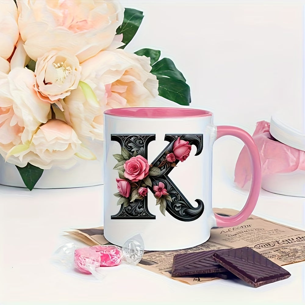Personalized "Black Letter Floral Initial" Ceramic Coffee Mug – Custom Letter A-Z Pink Roses & Vintage Monogram Novelty Cup (M1141)