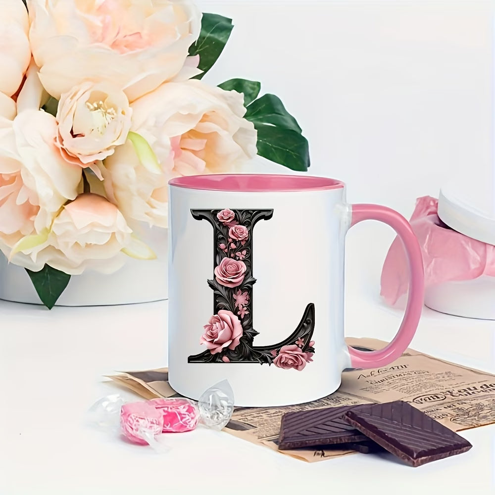 Personalized "Black Letter Floral Initial" Ceramic Coffee Mug – Custom Letter A-Z Pink Roses & Vintage Monogram Novelty Cup (M1141)