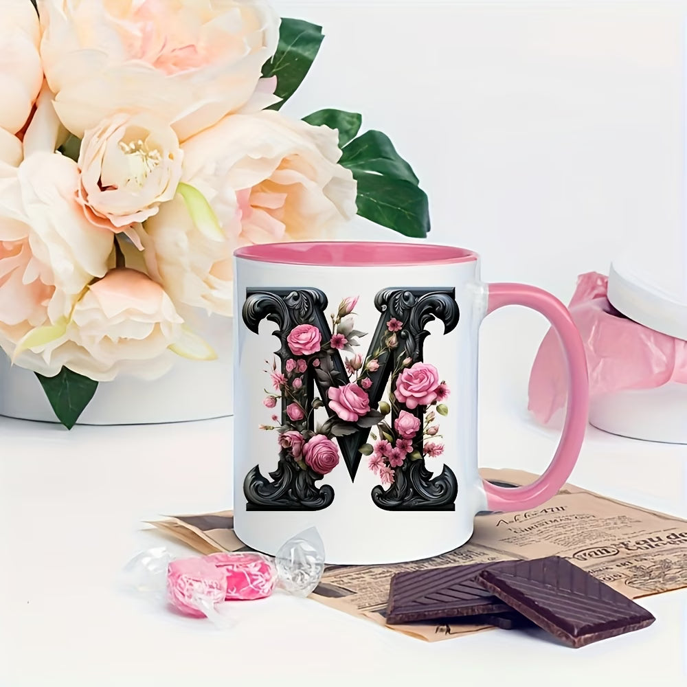 Personalized "Black Letter Floral Initial" Ceramic Coffee Mug – Custom Letter A-Z Pink Roses & Vintage Monogram Novelty Cup (M1141)