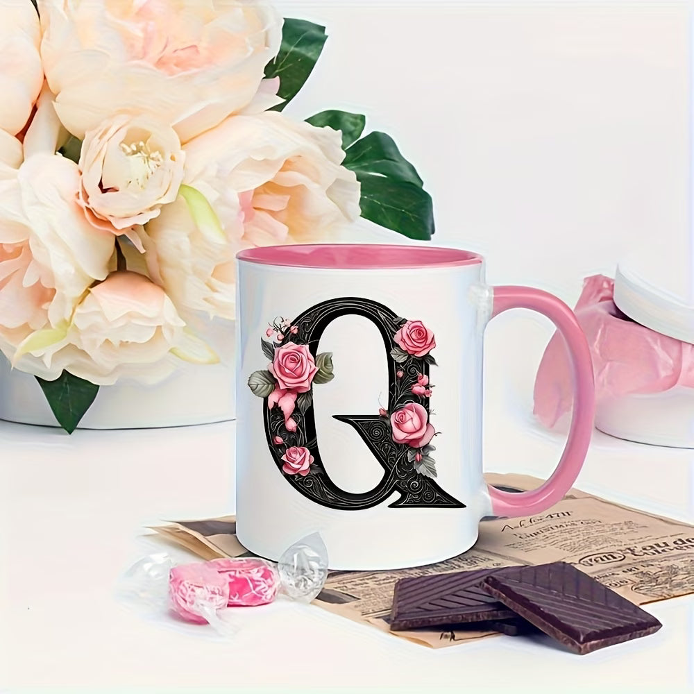 Personalized "Black Letter Floral Initial" Ceramic Coffee Mug – Custom Letter A-Z Pink Roses & Vintage Monogram Novelty Cup (M1141)