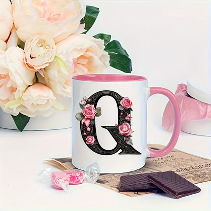 Personalized "Black Letter Floral Initial" Ceramic Coffee Mug – Custom Letter A-Z Pink Roses & Vintage Monogram Novelty Cup (M1141)