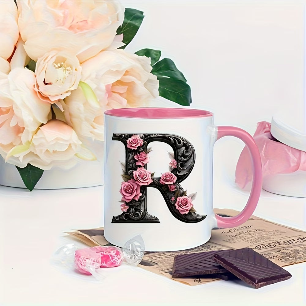 Personalized "Black Letter Floral Initial" Ceramic Coffee Mug – Custom Letter A-Z Pink Roses & Vintage Monogram Novelty Cup (M1141)