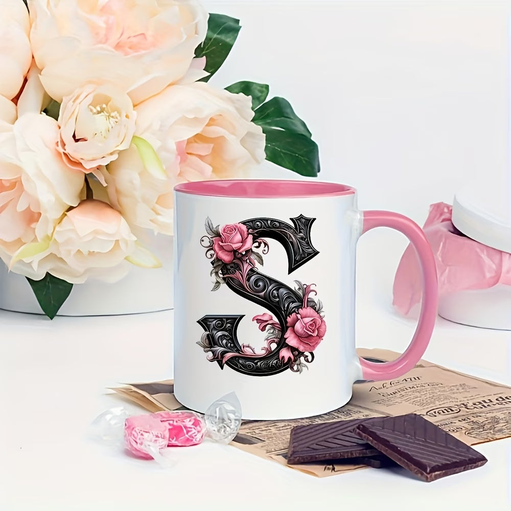 Personalized "Black Letter Floral Initial" Ceramic Coffee Mug – Custom Letter A-Z Pink Roses & Vintage Monogram Novelty Cup (M1141)