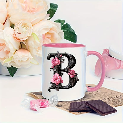 Personalized "Black Letter Floral Initial" Ceramic Coffee Mug – Custom Letter A-Z Pink Roses & Vintage Monogram Novelty Cup (M1141)