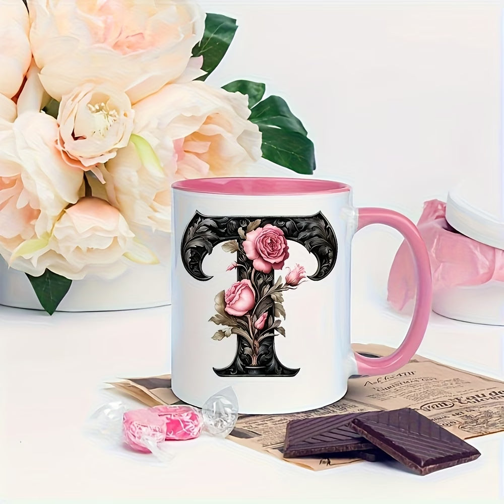 Personalized "Black Letter Floral Initial" Ceramic Coffee Mug – Custom Letter A-Z Pink Roses & Vintage Monogram Novelty Cup (M1141)