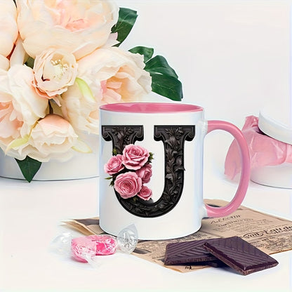 Personalized "Black Letter Floral Initial" Ceramic Coffee Mug – Custom Letter A-Z Pink Roses & Vintage Monogram Novelty Cup (M1141)