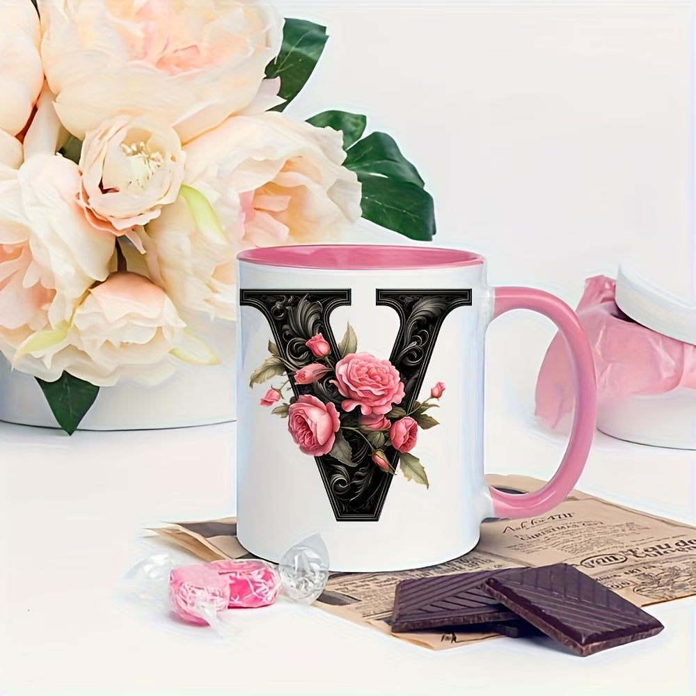 Personalized "Black Letter Floral Initial" Ceramic Coffee Mug – Custom Letter A-Z Pink Roses & Vintage Monogram Novelty Cup (M1141)