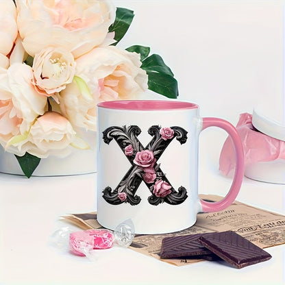 Personalized "Black Letter Floral Initial" Ceramic Coffee Mug – Custom Letter A-Z Pink Roses & Vintage Monogram Novelty Cup (M1141)