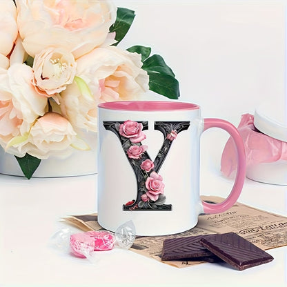 Personalized "Black Letter Floral Initial" Ceramic Coffee Mug – Custom Letter A-Z Pink Roses & Vintage Monogram Novelty Cup (M1141)