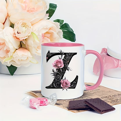 Personalized "Black Letter Floral Initial" Ceramic Coffee Mug – Custom Letter A-Z Pink Roses & Vintage Monogram Novelty Cup (M1141)