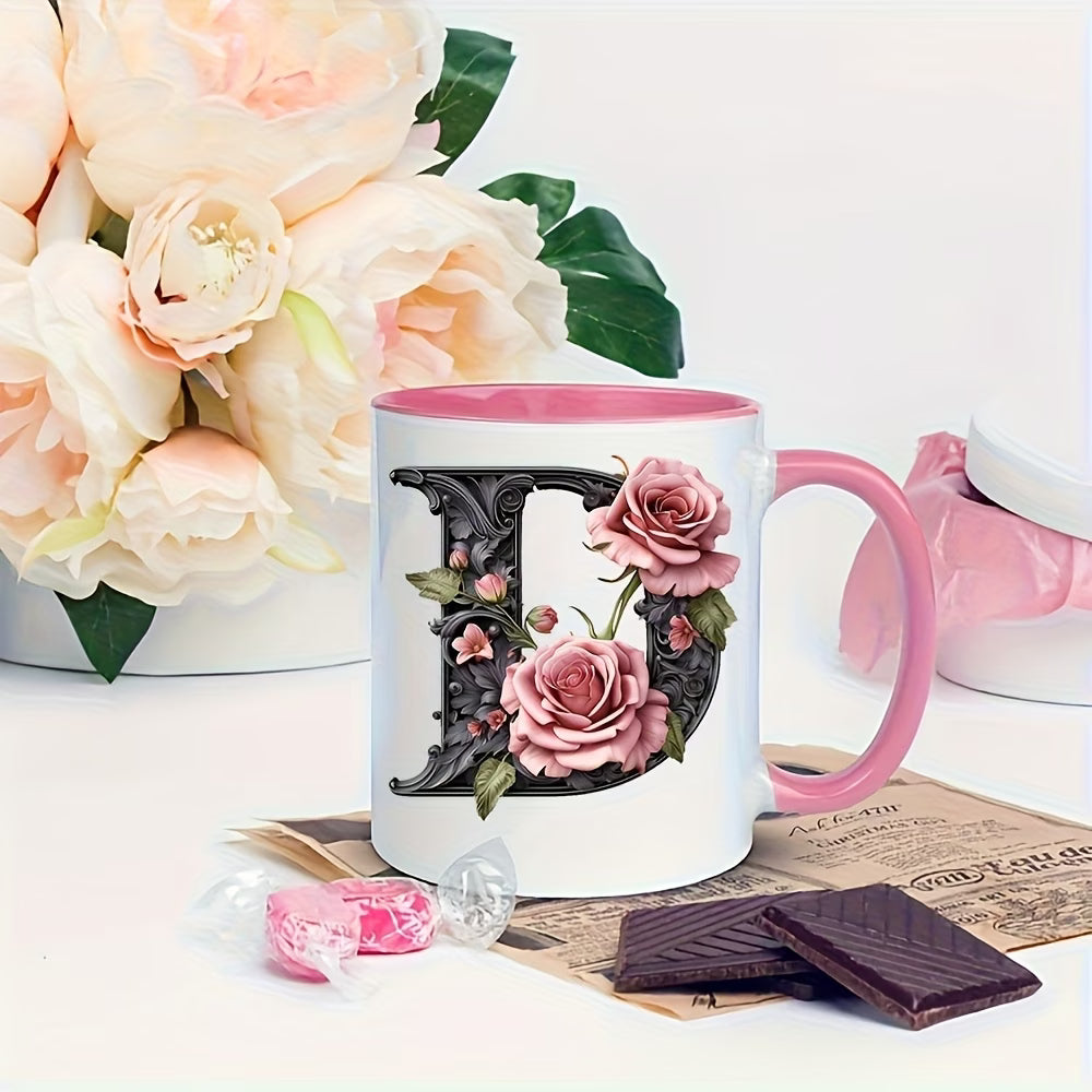 Personalized "Black Letter Floral Initial" Ceramic Coffee Mug – Custom Letter A-Z Pink Roses & Vintage Monogram Novelty Cup (M1141)
