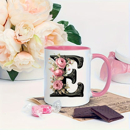Personalized "Black Letter Floral Initial" Ceramic Coffee Mug – Custom Letter A-Z Pink Roses & Vintage Monogram Novelty Cup (M1141)