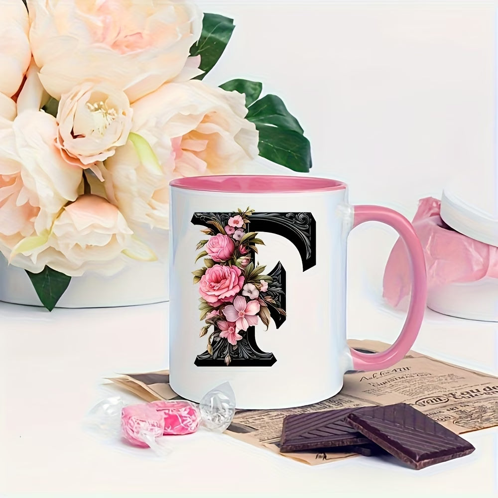 Personalized "Black Letter Floral Initial" Ceramic Coffee Mug – Custom Letter A-Z Pink Roses & Vintage Monogram Novelty Cup (M1141)