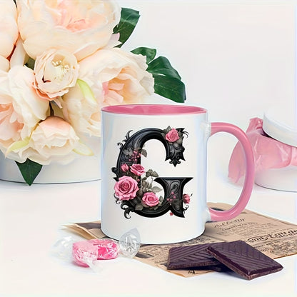 Personalized "Black Letter Floral Initial" Ceramic Coffee Mug – Custom Letter A-Z Pink Roses & Vintage Monogram Novelty Cup (M1141)
