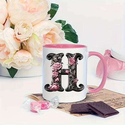 Personalized "Black Letter Floral Initial" Ceramic Coffee Mug – Custom Letter A-Z Pink Roses & Vintage Monogram Novelty Cup (M1141)